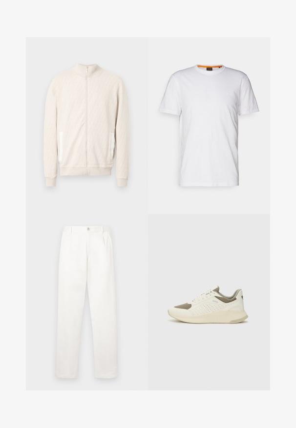 Lichtbeige jas met rits en een opstaande kraag, voorzien van een getextureerd diamantpatroon, geribbelde manchetten en twee zijzakken met witte accenten.; Witte katoenen T-shirt met ronde hals, korte mouwen en een subtiel reliëflogo op de borst. Het binnenlabel heeft een oranje accent.; Witte broeken gemaakt van een gladde stof, met een recht model, voorplooien en een enkele knoopsluiting bij de taille.; Witte en lichtbeige sport sneaker, met een bovenwerk van mesh, geperforeerde details en een gestructureerde tussenzool met branding op de hiel.
