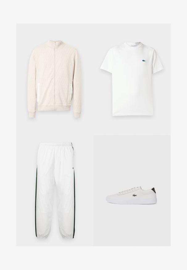 Lichtbeige jas met rits en een opstaande kraag, voorzien van een getextureerd diamantpatroon, geribbelde manchetten en twee zijzakken met witte accenten.; Witte katoenen t-shirt met een ronde hals, korte mouwen en een klein groen geborduurd krokodillenlogo op de linkerborst.; Witte trainingsbroek met donkergroene zijpanelen. Lichtgewicht materiaal, elastische tailleband en boordjes aan de onderkant. Heeft een meshstructuur op de zijpanelen.; Witte leren sneaker met ronde neus, vetersluiting aan de voorkant en zwarte hakaccent. Beschikt over een klein geborduurd krokodillenlogo aan de zijkant.