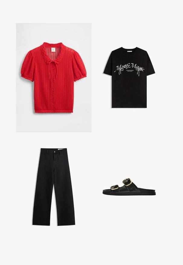 Cardigan rouge tricoté à manches courtes avec un col festonné, une fermeture à nouer et un devant boutonné. Motif texturé sur l'ensemble.; T-shirt en coton noir avec le texte "Mostly Magic" en blanc, orné d'accents décoratifs en perles. Manches courtes, coupe décontractée, col rond.; Pantalon en denim noir à jambes larges avec une taille haute, comprenant des poches avant et arrière, des coutures piquées et une fermeture à bouton. Texture lisse.; Sandale noire à glissière avec deux accents de boucle en or, en matériau lisse, semelle plate et design minimaliste.