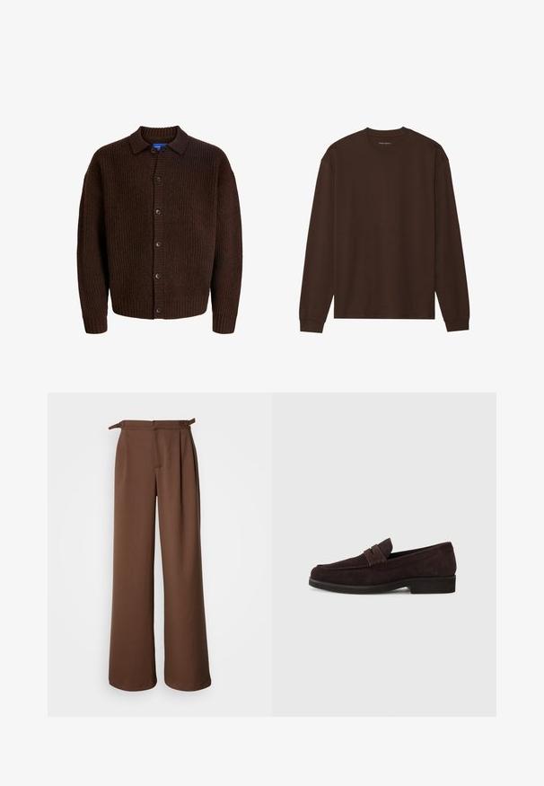 Braune Strickjacke mit strukturiertem Oberflächen, Knopfverschluss und umschlagenem Kragen. Hergestellt aus einem weichen, wollähnlichen Material.; Langärmliges braunes T-Shirt aus weichem Stoff, mit Rundhalsausschnitt und lockerer Passform, sowie gerippten Bündchen und Saum. Ohne Grafiken oder Muster.; Braune weite Hosen aus weichem Stoff. Mit hohem Bund, Falten und seitlichen Bindebändern, bieten sie einen lockeren Sitz und eine glatte Textur.; Braune Wildleder-Slipper mit niedrigem Profil und runder Zehenform. Verfügt über einen dekorativen Riemen über dem Obermaterial, eine flache Gummisohle und keine sichtbaren Nähte.