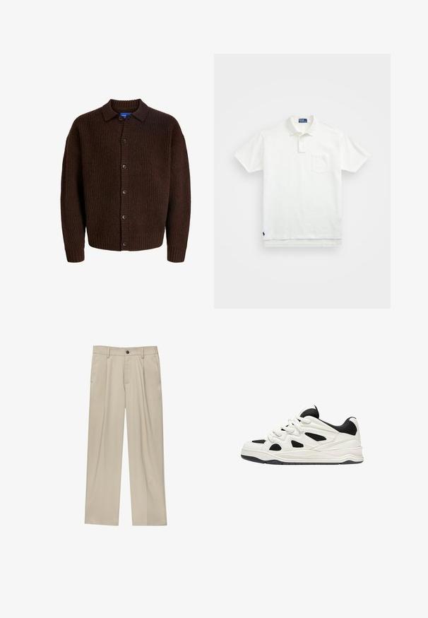 Brązowy sweter dzianinowy z teksturowaną powierzchnią, z zapięciem na guziki i rozkloszowanym kołnierzem. Wykonany z miękkiego, wełnianego materiału.; Biała koszulka polo wykonana z bawełny, z klasycznym kołnierzykiem, trzema guzikami oraz kieszonką na lewym piersi; małe logo na dolnym brzegu.; Beżowe spodnie o prostym kroju, z pojedynczym czarnym guzikiem, szlufkami na pasek oraz bocznymi kieszeniami. Gładka faktura materiału i minimalistyczny design.; Białe i czarne buty sportowe z teksturowaną podeszwą, z wyciętymi wzorami po bokach oraz sznurowadłami, a także wyściełanym tyłem dla wsparcia.