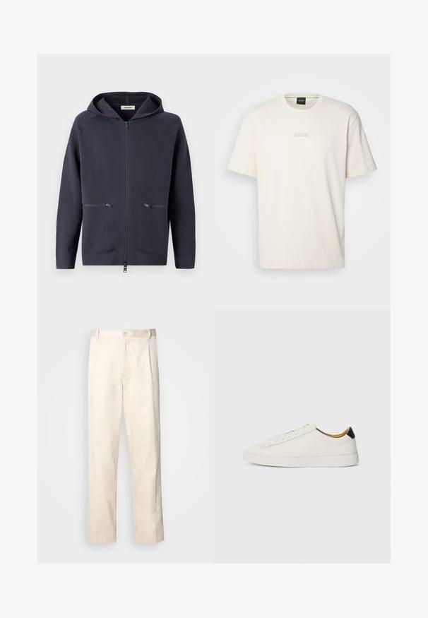 Kapuci jaku ar rāvējslēdzēju tumši zilos toņos. Izgatavota no mīksta auduma ar divām priekšējām kabatām ar rāvējslēdzējiem un raglanu piedurknēm, nodrošinot elastību.; BOSS TEE - Pamata T-krekls - open white; Bežā krāsā auduma bikses ar taisnu kāju griezumu, pievienotām pogu aizdares un priekšējiem krokām papildu detaļām.; Balti apavi ar gludu ādas augšdaļu, apaļu purngalu un plakanu zoli. Melns akcentus papēdī, ar tonālām šņorēm un minimālu zīmolu.