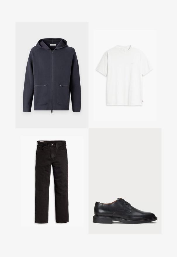 Giacca con cappuccio e zip di un blu scuro. Realizzata in un tessuto morbido, presenta due tasche frontali con zip e maniche raglan per una maggiore flessibilità.; T-shirt bianca in cotone con maniche corte, colletto tondo e logo Levi's discreto stampato al centro. Texture morbida e vestibilità standard.; Jeans in denim neri a gamba dritta con cinque tasche, chiusura a bottone e passanti per cintura, adagiati su uno sfondo bianco.; Scarpa da uomo in pelle nera con punta rotonda, design con lacci e tacco basso impilato. Texture liscia con dettagli di cucitura minimi.