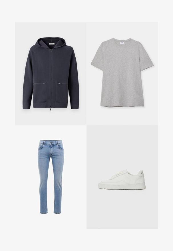 Tumedast navyst värvi kapuutsiga lukuga jope. Valmistatud pehmest kangast, millel on kaks esist lukugaTaskut ja raglanvarrukad paindlikkuse tagamiseks.; Hallhargist lühikeste varrukatega T-särk pehmest, tekstuuriga kangast. Omab klassikalist ümarat kaelust ja sirget allääret, sobides igapäevaseks kandmiseks.; Heledad sinine denimist teksapüksid, kitsas lõige, viie taskuga ja sirge jalaga disain. Omab tõmblukkuga lukkuklappi ja vöörihmasid. Pehme tekstuur.; Valge nahast tennis, millel on sile põhi, ümar varvas, lamedad nöörid ja tekstuuriline tall. Sisaldab diskreetset logo kontsaribal.