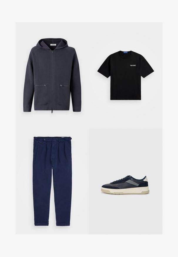 Hettejakke med glidelås i mørk marineblå. Laget av et mykt stoff med to fremre glidelåslommer og raglanermer for fleksibilitet.; Svart bomull T-skjorte med rund hals og korte ermer. Har "POLO SPORT" logo på venstre bryst i hvitt. Standard passform.; Marine chinos laget av bomull, med rett benfassong, frontfolder, knappelukking og oppbrettede ermer. Glatt tekstur med minimalistisk design.; BOSS BALTIMORE - Joggesko - open blue