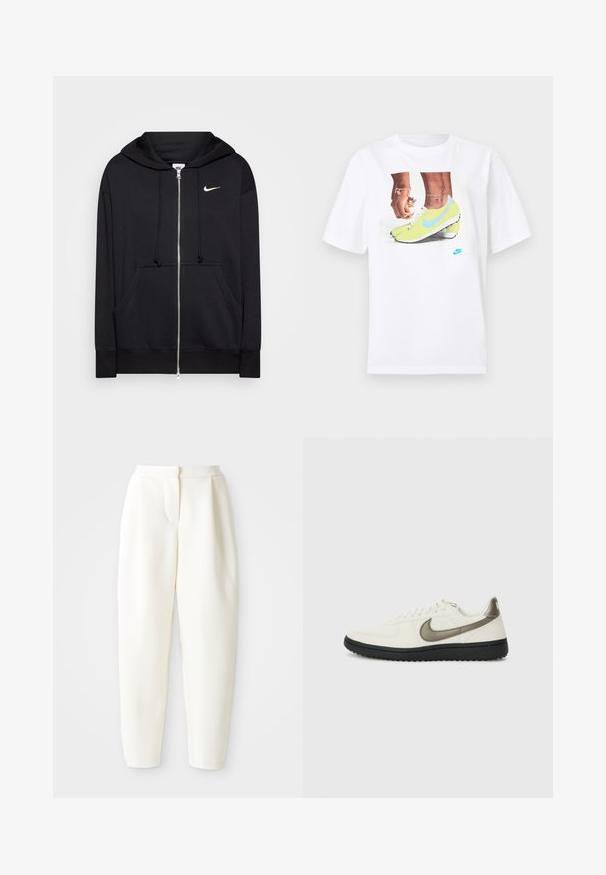 Juodas užtraukiamas džemperis, pagamintas iš švelnaus audinio, turintis gobtuvą, priekinės kišenes, megzti rankogaliai ir mažas baltas Nike logotipas ant krūtinės.; Balta medvilninė marškinėlis su grafika, vaizduojančia kojas geltonose Nike sportinėse batuose su mėlynomis detalėmis, derinama su apyranke ant kairiojo riešo.; Baltos aukšto liemens siaurėjantys keliai su paslėptu priekinio uždarymo mechanizmu ir šoninėmis kišenėmis, pristatyti prieš paprastą baltą foną.; Nike Sportswear FIELD GENERAL - Sportbačiai - off-white/black