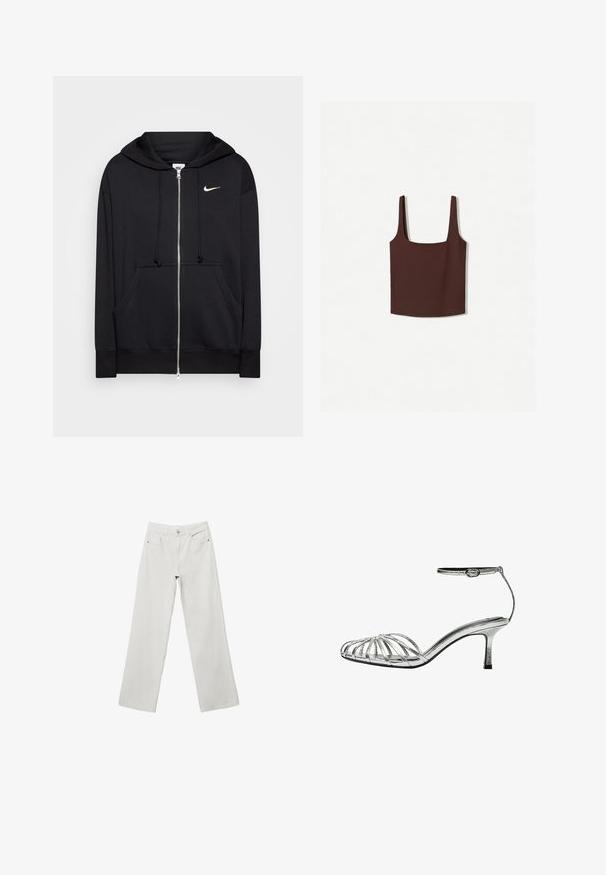Črna zip-up kapuca iz mehkega blaga, s kapuco, sprednjimi žepi, rebrastimi manšetami in majhnim belim logotipom Nike na prsih.; Rjava majica s kvadratnim izrezom in širokimi naramnicami, izdelana iz mehkega materiala. Enostaven dizajn, brez vzorcev ali okraski.; Beli džins hlače iz belega denima širokega kroja z visokim pasom, zasnovo s petimi žepi in toniranimi šivi. Gumb in zadrga. Gladka tekstura.; Srebrna zaprta sandala z nizko peto, ki ima več prepletenih trakov, trak za gleženj z zaponko in gladko, sijočo teksturo.