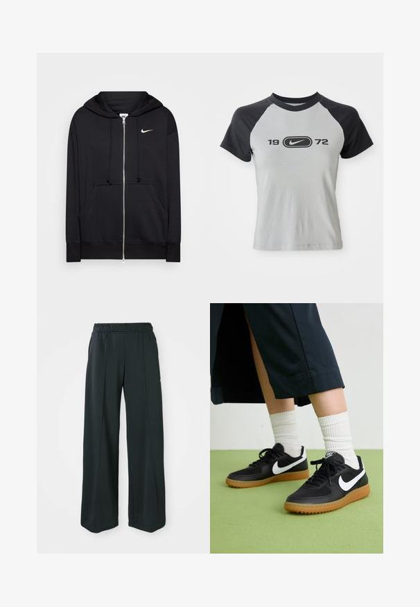 Melnā kapuces džemperis ar rāvējslēdzēju, izgatavots no mīkstas auduma, ar kapuci, priekšējiem kabatām, ribotām aprocēm un mazu baltu Nike logotipu uz krūtīm.; Pelēks un melns īsu piedurkņu T-krekls ar apaļu kakla izgriezumu, priekšpusē ar centrālu logo un melnu tekstu "1972".; Melnas, platajās sporta bikses ar elastīgu jostu. Izgatavotas no gludas, elastīgas auduma, ar viegli pamanāmiem priekšējiem šuvēm un bez kabatām.; Melna āda un sintētiska materiāla sporta apavi ar baltu Nike logo, gumijas zole, apaļa purngala forma un melni šņores. Redzamas ribotas baltas zeķes.