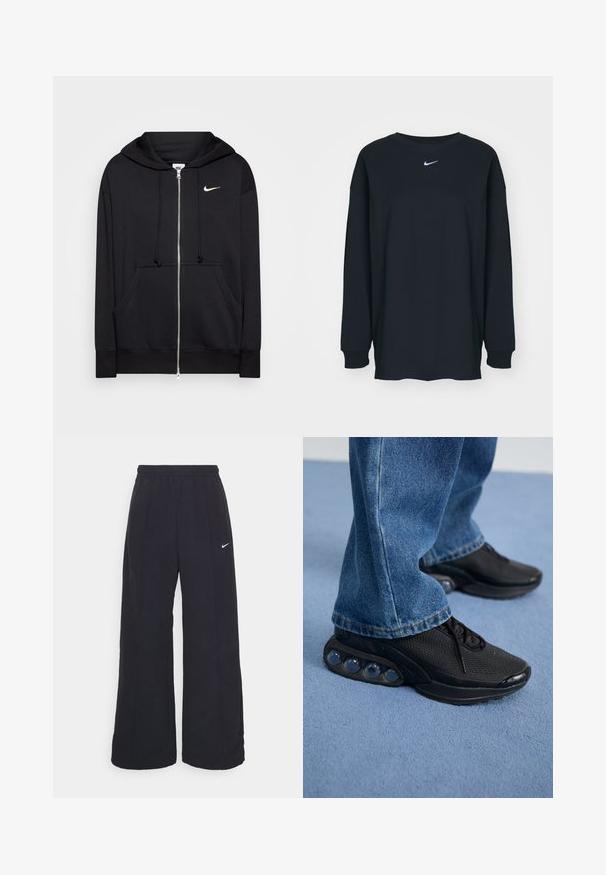 Svart hettejakke med glidelås laget av mykt stoff, med hette, frontlommer, ribbestrikkede mansjetter og en liten hvit Nike-logo på brystet.; Svart langermet T-skjorte laget av bomull med rund hals. Har en hvit Nike-logo på brystet. Myk tekstur, enkelt design.; Svarte vide bukser med elastisk linning og en liten hvit Nike-logo. Stoffet har en glatt tekstur, designet for komfort og uformell bruk.; Svart treningssko med mesh-overdel, teksturerte detaljer og synlige luftputepoder i sålen. Bærer med blå denimjeans.