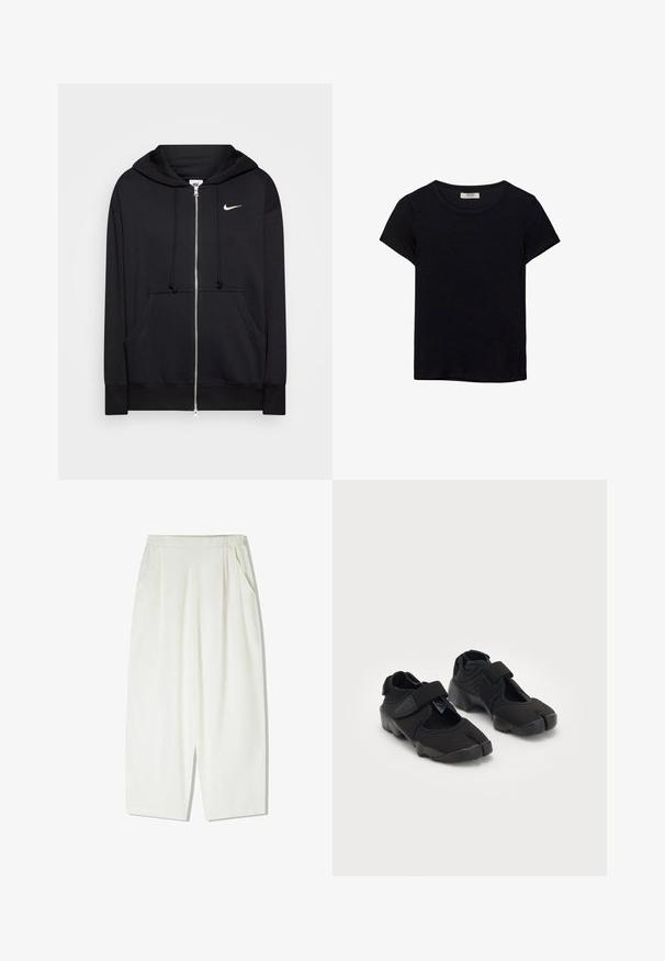 Zwarte rits hoodie van zacht materiaal, voorzien van een capuchon, zakken aan de voorkant, geribde manchetten en een klein wit Nike-logo op de borst.; Zwarte t-shirt met korte mouwen van zachte stof. Heeft een klassieke ronde halslijn en een ontspannen pasvorm. Geen patronen of accenten zichtbaar.; Losse, knielange witte broeken gemaakt van een lichte stof, met zijzakken en een gegomde elastische tailleband.; Zwarte waterschoenen gemaakt van flexibel materiaal met een klittenbandsluiting, met een unieke gesplitste te ontwerpen en een rubberen zool met textuur voor grip.
