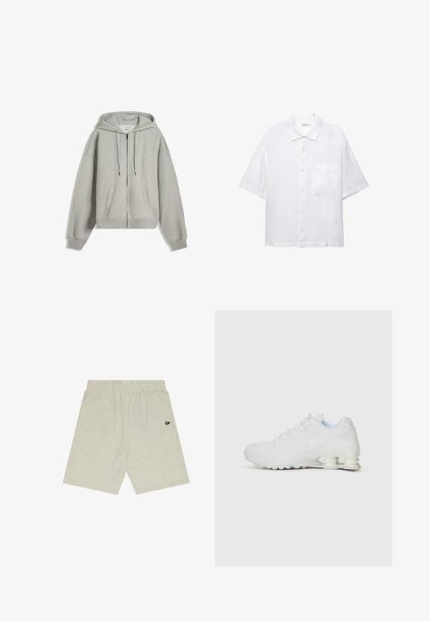 Hanorac gri cu fermoar, realizat dintr-un amestec moale de bumbac. Are o glugă mare, șnururi și buzunare laterale. Croială confortabilă, cu manșete din material cu nervuri.; Cămașă albă cu mânecă scurtă, cu închidere butonată în față, guler și un singur buzunar pe piept. Confecționată dintr-un material ușor, cu o textură netedă.; Pantaloni scurți din bumbac de culoare gri deschis, cu un brâu elastic. Design simplu, croială dreaptă, cu un mic logo negru pe partea stângă.; Adidași albi cu un superior sintetic neted, accente texturate și un toc segmentat distinctiv pentru absorbția șocurilor. Design cu șireturi.