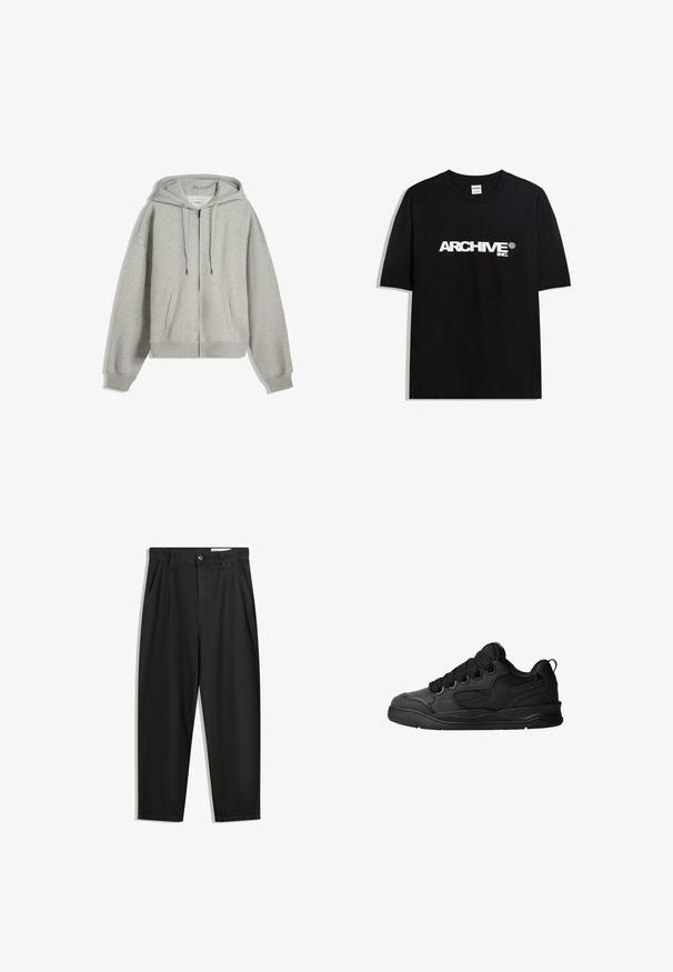 Šedá zipová mikina vyrobená z jemné kombinace bavlny. Obsahuje velkou kapuci, šňůrky a boční kapsy. Volný střih s žebrovanými manžetami.; Černé bavlněné tričko s bílým logem "ARCHIVE inc." na hrudi, krátké rukávy a kulatý výstřih.; Černé bavlněné kalhoty s uvolněným střihem, klasickým pasem, předními záhyby a bočními kapsami. Hladká textura bez vzorů.; Černé tenisky s texturovaným svrškem, obsahující šněrování, síťované detaily pro prodyšnost, polstrovaný límec a pevnou podrážku.