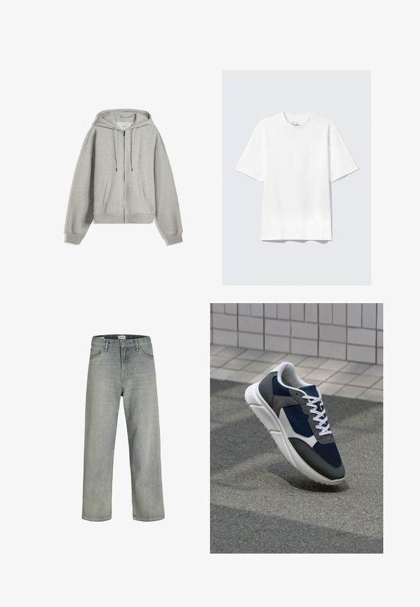 Szürke, cipzáros kapucnis pulóver, puha pamut keverékből készült. Nagy kapucnival, állítható fűzővel és oldalsó zsebekkel rendelkezik. Laza fazon, ribbelt mandzsettákkal.; Sima fehér, rövid ujjú, laza szabású póló, laposan elhelyezve világosszürke háttéren.; Világosszürke, laza szabású farmernadrág. Klasszikus öt zsebes dizájn, övhurkok és egyenes szárú fazon jellemzi.; Cipő, amelynek sötétkék hálós felsőrésze, szürke velúr díszítései, fehér gumitalpa és lapos fehér fűzője van, a kényelem és a légáteresztő képesség érdekében tervezve.