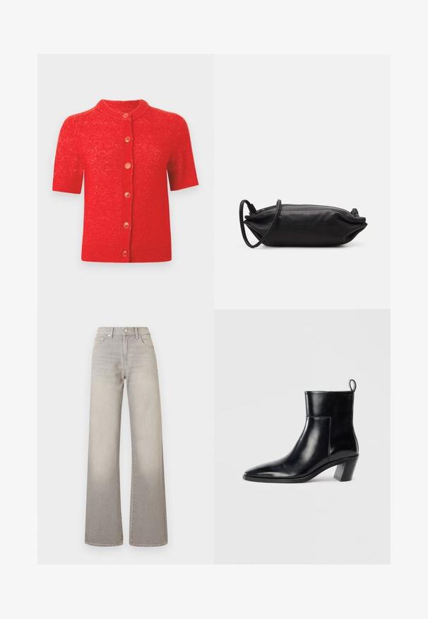 Lyhythihainen punainen neuletakki pyöreällä pääntiellä, jossa on kuusi oranssia nappia edessä ja hieman teksturoitu neulos.; Musta pusero, jossa on pitkät läpinäkyvät hihat, etupuolella pleateja ja kerroksellinen kankainen kukka-akseltti vasemmalla olkapäällä. Napitus kaulassa.; Harmaat leveälahkeiset farkut, joissa on haalistunut pinta, nappisuljenta, viisi taskua ja ommeltu yksityiskohtaus saumoissa.; Musta nahkainen nilkkuri, jossa on terävä kärki, geometrinen pinoettu korko ja vetotappi takana. Sileä pinta ja tyylikäs muotoilu.; Musta nahkainen kukkaro, jossa on suorakaiteen muoto, sileä pinta, ohut olkahihna ja minimalistinen muotoilu.