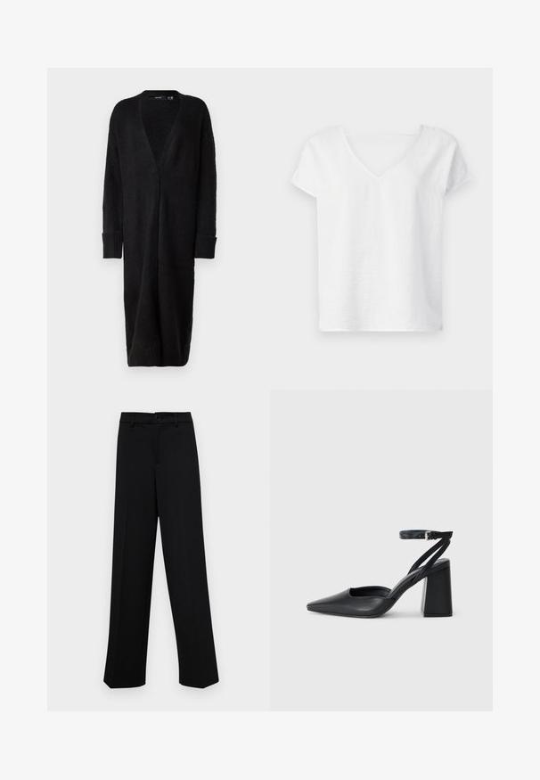 Vero Moda VMPHILLIS LONG OPEN - Kardigán - black; Fehér vászon ing laza fazonnal, rövid ujjakkal és V-kivágással. Enyhén texturált felülettel és oldalsó hasítékokkal rendelkezik a mozgás könnyítése érdekében.; Fekete, széles szárú nadrág sima anyagból, klasszikus derékrésszel, gombzárral és elülső redőkkel.; Fekete bőr, hegyes orrú magassarkú cipő boka pánttal és vastag sarokkal. Sima textúra, elegáns dizájn és minimális esztétika.
