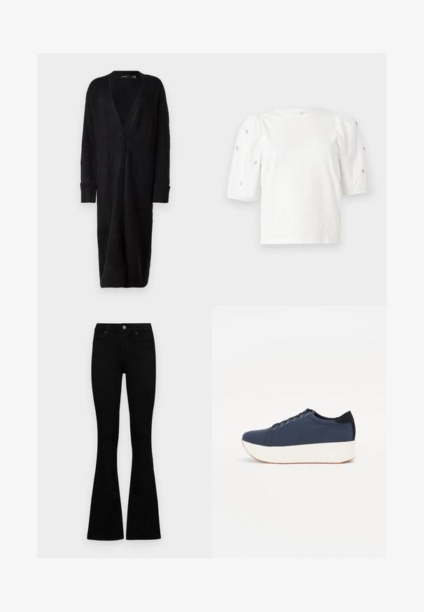 Vero Moda VMPHILLIS LONG OPEN - Cardigan - black; White cotton t-shirt with short puff sleeves, featuring small silver embellishments along the sleeves. Classic round neckline, relaxed fit.; Black high-waist jeans with a button and zip closure, front pockets, and flared legs laid flat on a white background.; Navy blue sneaker with a textured fabric upper, white platform sole, rounded toe, and black heel accent. Features six eyelets for laces.