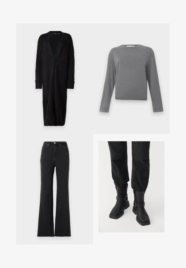 Vero Moda VMPHILLIS LONG OPEN - Cardigan - black; Langærmet, ensfarvet grå crewneck skjorte med en let vaskede stoftekstur, vist mod en hvid baggrund.; Sorte højtaljede denimjeans med flagrende ben, frontknap og fem-lommet design mod en helt hvid baggrund.; Sorte læder ankelstøvler med firkantet tå, der har en bred rem og metallisk spænde detalje. Støvlerne har en chunky sål og en glat overflade.