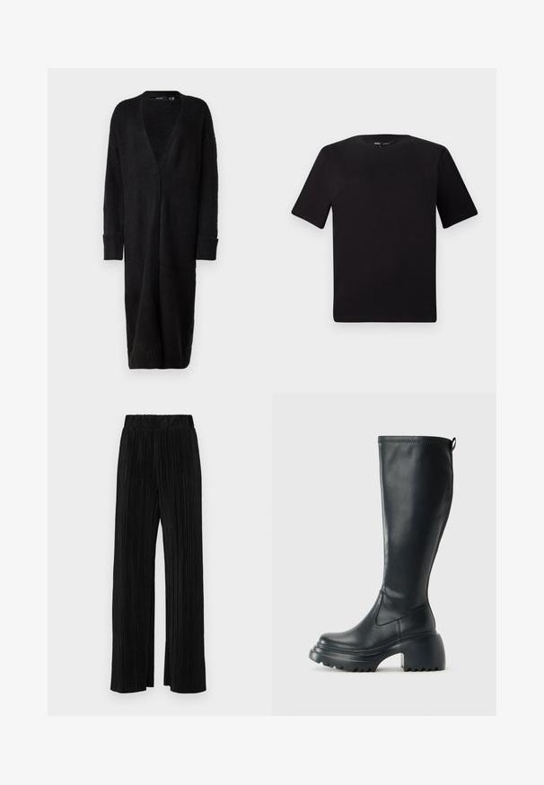 Vero Moda VMPHILLIS LONG OPEN - Cardigan - black; T-shirt nera a maniche corte con scollatura rotonda, realizzata in morbido cotone. Design semplice, senza loghi o motivi visibili.; Pantaloni neri a plissé con vita elasticizzata. Presentano gamba ampia e un tessuto liscio e texture con strisce verticali.; Stivale lungo in pelle nera con suola piatta robusta e tacco a blocco, dotato di linguetta e battistrada testurizzato sulla suola.