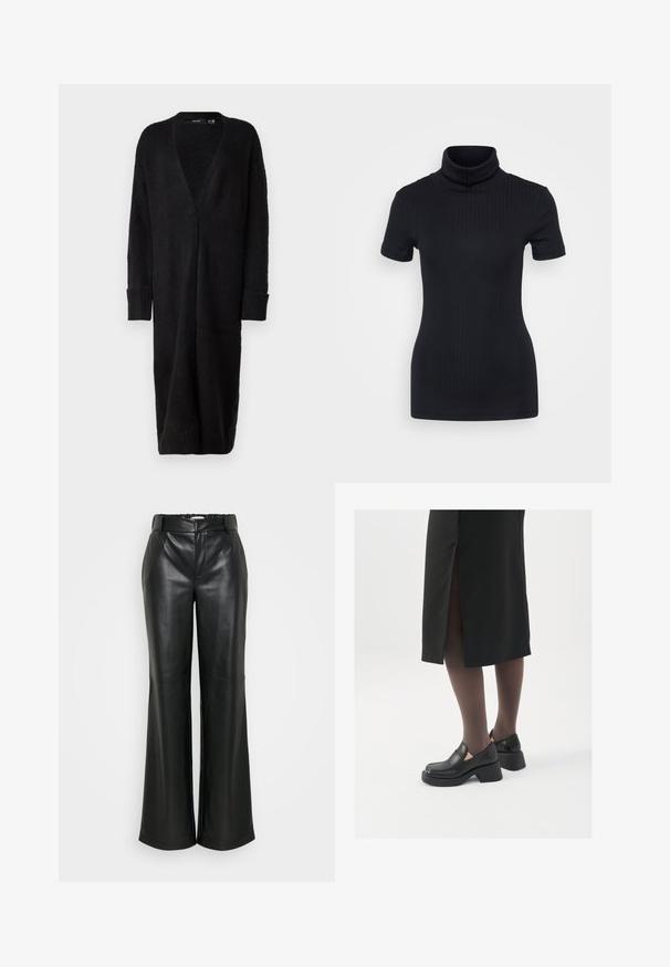 Vero Moda VMPHILLIS LONG OPEN - Strickjacke - black; Schwarzes geripptes Rollkragenoberteil, kurze Ärmel, figurbetontes Design, weiche Textur, minimale Nähte und ein hoher Kragen.; ONLY Tall ONLSMOOTH WIDE - Stoffhose - black; Schwarze Lederschuhe mit abgerundetem Zeh, dicker Blockabsatz und elastischen seitlichen Akzenten, kombiniert mit dunklen Strumpfhosen und einem schwarzen Rock mit Schlitz.