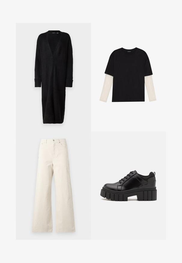 Vero Moda VMPHILLIS LONG OPEN - Vest - black; Zwarte T-shirt van katoen, met korte mouwen over een witte lange mouw laag met een subtiel textuurpatroon. Ronde hals ontwerp.; Beige wijde broek van katoen, met een knoopsluiting aan de voorkant, zijzakken en een gladde textuur. Minimalistisch ontwerp zonder patronen.; Zwarte leren platform schoenen met een stevige blokhak, ronde neus en een traditionele vetersluiting. Kenmerkt zich door een gladde textuur en minimale details.