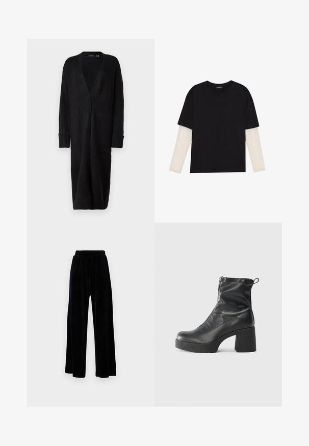 Vero Moda VMPHILLIS LONG OPEN - Cardigan - black; Svart T-skjorte laget av bomull, med korte ermer over et hvitt langermet lag med en subtil teksturert mønster. Rund hals design.; Sorte vide bukser laget av myk vernet, med elastisk midjebånd og en jevn tekstur, uten synlige detaljer eller mønstre.; Svarte ankelstøvler laget av glatt lær, med glidelås på siden, chunky strukturert hæl, og rund tå-design.