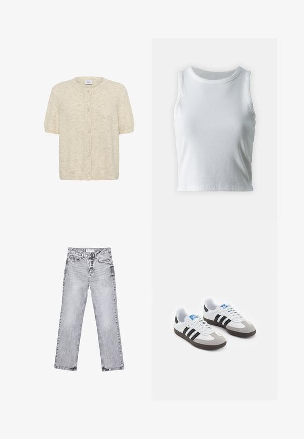 Kratke rokave, krema kardigan iz mehkega strukturiranega blaga z okroglim izrezom in šestimi gumbi na sprednji strani.; Bela rebrasta majica brez rokavov z okroglo izrezom, s pravo hem in gladko, elastično strukturo.; Sive traperice z ravnim krojem, z obdelanimi detajli, petimi žepi in bakrenimi zakovicami. Pas ima oznako z logotipom.; Športni čevlji z belim usnjenim zgornjim delom, sivim semišem na prstih in tremi črnimi črtami. Imajo modro logo na jeziku in teksturiran gumijast podplat.