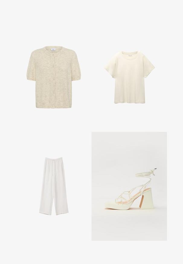 Pohodlný kardigan s krátkým rukávem v krémové barvě, vyrobený z měkké a strukturované látky, s kulatým výstřihem a šesti knoflíkovými zapínáními vpředu.; Svetle béžové tričko s krátkým rukávem a kulatým výstřihem, vyrobené z jemné, hladké tkaniny. Má uvolněný střih a rovný lem.; Bílé široké kalhoty vyrobené z lehké tkaniny. Mají elastický pas se šňůrkou a boční kapsy. Hladká textura.; Bílé sandály na vysokém podpatku s robustním podpatkem, s designem s pásky a zavazováním kolem kotníku. Hladký povrch s platformou vpředu pro zvýšení výšky.