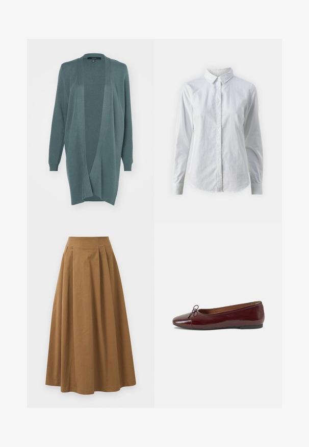 Kevyt, avoin etumalli kardigan, joka on valmistettu pehmeästä, teksturoidusta kankaasta turkoosin värisenä. Varustettu pitkillä hihoilla ja ribbireunuksilla rentoa istuvuutta varten.; Valkoinen napitettava paita, joka on valmistettu sileästä puuvillasta. Paidassa on klassinen kaulus, pitkät hihat ja kaareva helma. Nappien koko on pieni ja ne ovat valkoiset.; Ruskea puuvillainen A-linjainen hame korkealla vyötäröllä, jossa on laskokset edessä ja sileä pinta. Helma on viimeistelty siististi ja yksinkertaisesti.; Burgundin värinen lakattu nahkainen ballerinatossu pyöreällä varvaskärjellä, pienen nauhan yksityiskohdalla edessä ja matalalla mustalla kumipohjalla. Sujuva pinta.