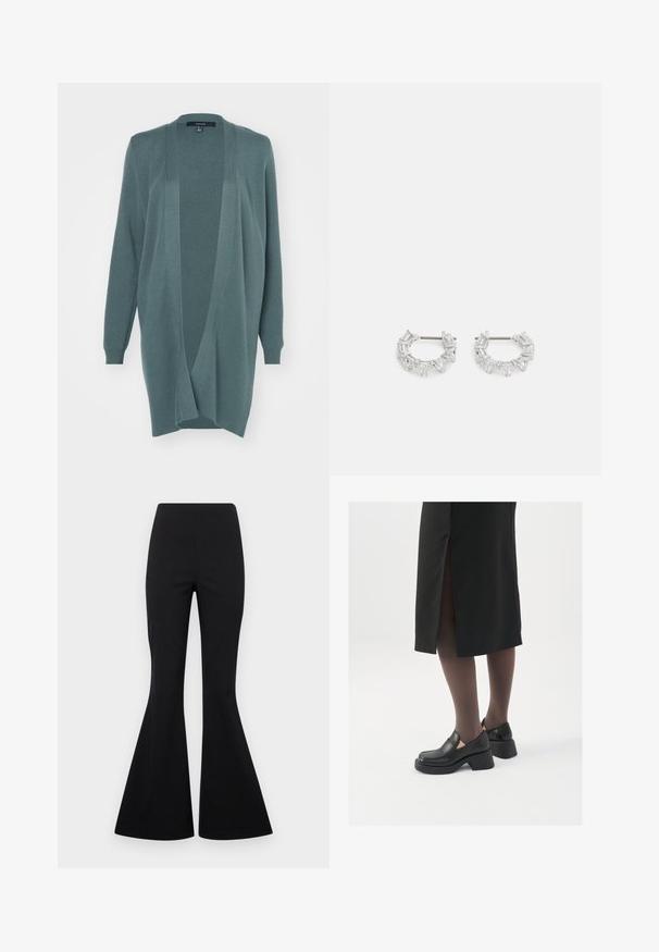 Cardigan leggero e aperto davanti, realizzato in tessuto morbido e strutturato in tonalità teal. Presenta maniche lunghe e polsini a costine per una vestibilità rilassata.; T-shirt bianca a maniche corte in cotone, con scollatura rotonda e vestibilità relaxed. Tessuto morbido e senza motivi o decorazioni visibili.; Pantaloni neri a svasare realizzati in tessuto elasticizzato con una superficie liscia, caratterizzati da una vita alta e gambe ampie a campana.; Scarpe in pelle nera con punta arrotondata, tacco spesso a blocco e accenti laterali in elastico, abbinate a collant scuri e una gonna nera con uno spacco.; Orecchini a cerchio in argento con cristalli trasparenti, rettangolari e triangolari disposti in un design a motivi. presenza di perni per un fissaggio sicuro.