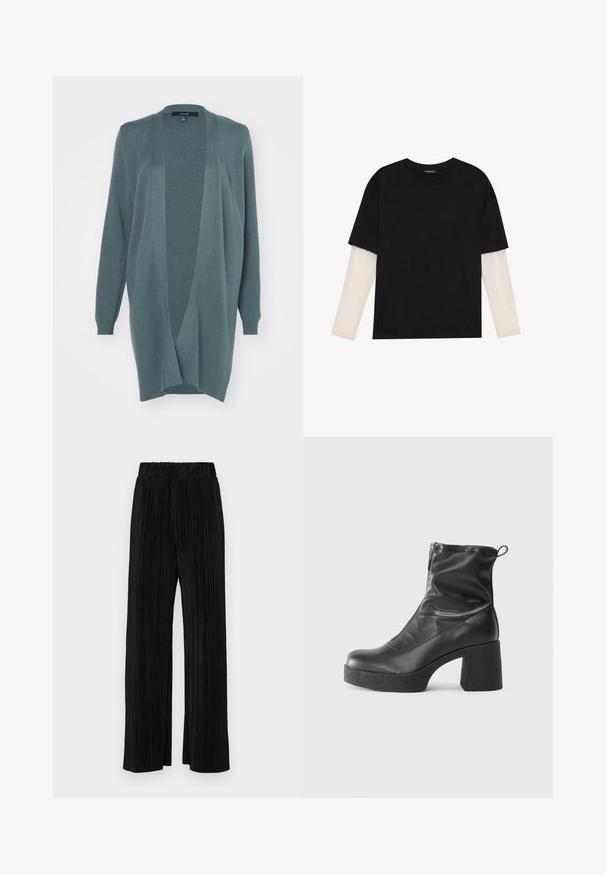 Cardigan leggero e aperto davanti, realizzato in tessuto morbido e strutturato in tonalità teal. Presenta maniche lunghe e polsini a costine per una vestibilità rilassata.; T-shirt nera in cotone con maniche corte sopra un sotto manica lunga bianca, caratterizzata da una sottile texture. Design con scollo rotondo.; Pantaloni neri a plissé con vita elasticizzata. Presentano gamba ampia e un tessuto liscio e texture con strisce verticali.; Stivali neri alla caviglia in pelle liscia, con zip laterale, tacco spesso e texture, e punta arrotondata.