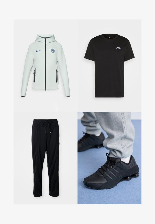 Gai zaļš Nike jakas modelis ar rāvējslēdzēja aizdari, kapuci un melniem akcentiem. Tai ir sānu rāvējslēdzēja kabatas un izšūts logo uz krūtīm.; Melna kokvilnas T-kreklu ar īsām piedurknēm, apaļu kakla izgriezumu un mazu balto Nike logu kreisajā augšējā krūtī. Gluda tekstūra. Klasiskais piegriezums.; Melnas bikses ar aukliņu jostas vietā, ar sānu kabatām un taisnu kāju griezumu uz vienkrāsaina fona.; Cilvēks valkā melnus Nike Shox sporta apavus un pelēkus sporta bikses, stāvot uz gaiši zilā paklāja.