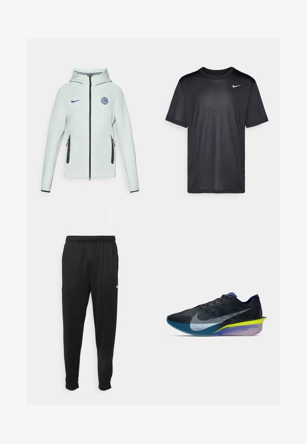 Lysegrønn Nike-jakke med glidelås, hette og svarte detaljer. Har sidelommer med glidelås og brodert logo på brystet.; Svart idretts-t-skjorte med korte ermer, rund hals, laget av glatt stoff. Har en liten hvit Nike-logo øverst til venstre.; Svarte treningsbukser laget av glatt stoff, med elastisk midje, smale ben og en liten hvit logo på venstre side.; Svart og blå Nike løpesko med stor hvit swoosh, gul og lilla såle, og "ROAD RACING VF" tekst på hælen.