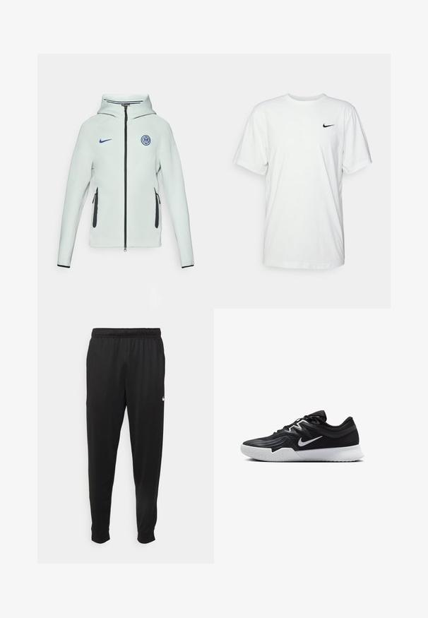 Giacca Nike verde chiaro con chiusura a zip, cappuccio e dettagli neri. Presenta tasche laterali con zip e un logo ricamato sul petto.; Maglietta bianca in cotone con maniche corte, scollo rotondo e logo Nike nero sul petto sinistro. Tessuto liscio e leggero.; Pantaloni sportivi neri realizzati in tessuto liscio, con una vita elastica, gambe affusolate e un piccolo logo bianco sul lato sinistro.; Scarpa sportiva nera con tomaia testurizzata, logo Nike swoosh bianco e suola in gomma bianca. Presenta un design con lacci e una forma dinamica.