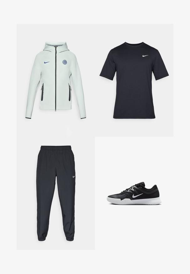 Světle zelená Nike bunda se zipem, kapucí a černými detaily. Obsahuje boční zipové kapsy a vyšitý logo na hrudi.; Černé triko Nike s krátkým rukávem vyrobené z hladké látky, s bílým logem swoosh na horní levé straně, klasický kulatý výstřih.; Černé tepláky vyrobené z lehkého materiálu s elastickým pasem, manžetami na kotnících a diskrétním logem Nike na levé straně.; Černá atletická bota s texturovaným svrškem, bílým logem Nike a bílou gumovou podrážkou. Disponuje šněrovacím designem a dynamickým tvarem.