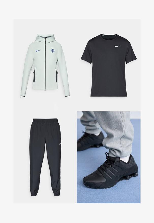 Gai zaļš Nike jakas modelis ar rāvējslēdzēja aizdari, kapuci un melniem akcentiem. Tai ir sānu rāvējslēdzēja kabatas un izšūts logo uz krūtīm.; Melna Nike skriešanas T-kreklā, kas izgatavots no viegla un elpojoša materiāla, ar īsām piedurknēm un mazu baltu logo uz krūtīm.; Melnas sporta bikses, izgatavotas no viegla auduma, ar elastīgu jostasvietu, potīšu malām un diskretu Nike logo kreisajā pusē.; Cilvēks valkā melnus Nike Shox sporta apavus un pelēkus sporta bikses, stāvot uz gaiši zilā paklāja.