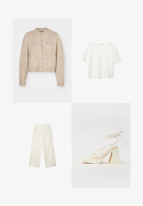 Vero Moda VMCONTIGO ONECK - Kofta - silver mink; Vit t-shirt med kort ärm i bomull. Har en rundad halsringning och en avslappnad passform. Slät textur utan synliga mönster eller detaljer.; Breda byxor i krämfärgad tyg med en mjuk yta, med en enda knapp fram, subtila veck och en hög midja design.; Vit högklackad sandal med en kraftig klack, med ett remdesign och ankelband. Slät textur med en plattform framtill för ökad höjd.