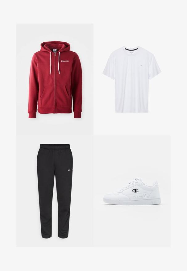 Red zip-up hoodie with white drawstrings and front pockets. Features a small white logo on the chest. Made of soft fabric.; White crewneck t-shirt made of cotton, featuring short sleeves and a small logo embroidered on the left chest area. Soft texture.; Black sweatpants made of cotton blend, featuring an elastic waistband and a small white logo on the left side. Tapered leg design.; White athletic sneakers with a smooth synthetic upper, black logo accent, and perforated detailing on the side. Rubber sole.