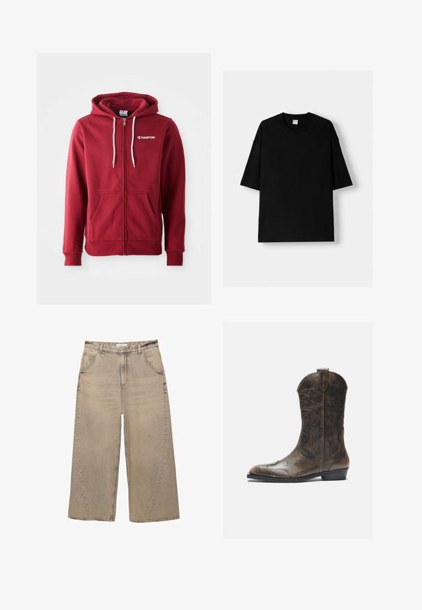Felpa rossa con zip e cappuccio, dotata di laccetti bianchi e tasche frontali. Presenta un piccolo logo bianco sul petto. Realizzata in tessuto morbido.; T-shirt nera in cotone con maniche corte, collo rotondo e vestibilità comoda. Texture liscia e design minimalista, senza motivi né dettagli.; PULL&BEAR MEGA BAGGY - Jeans baggy - light grey; Stivale da cowboy in pelle marrone con gambale alto, punta affusolata, motivi di cucitura intricati e tacco basso. Finitura testurizzata in tutto lo stivale.