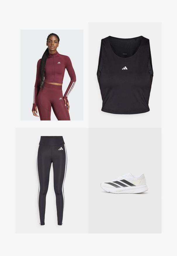 Bordeaux-farbenes sportliches Cropped-Top und Leggings, gefertigt aus elastischem Material. Verfügt über weiße Streifen an den Ärmeln und Logos auf der Brust und dem Oberschenkel.; Schwarzes Sport-Crop-Top aus feuchtigkeitsableitendem Material, mit rundem Halsausschnitt, ärmellosem Design und weißem Logo auf der Brust.; Schwarze Leggings mit hohem Bund, ausgestattet mit weißen Seitenstreifen und einem kleinen weißen Logo am oberen linken Oberschenkel. Hergestellt aus glattem, dehnbarem Material.; Weißer Sportschuh mit schwarzen diagonalen Streifen, Mesh-Obermaterial, abgerundetem Zehenbereich und strukturiertem Profil. Akzente sind ein silberner Heel und ein minimalistisches Design.