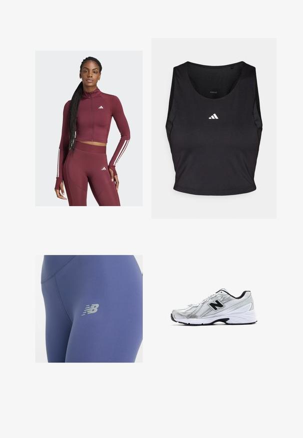 Top corto atlético burdeos y leggings, fabricados con tejido elástico. Presenta rayas blancas en las mangas y logotipos en el pecho y el muslo.; Top deportivo negro de corte corto, hecho de tela que absorbe la humedad, con cuello redondo, diseño sin mangas y logo blanco en el pecho.; Leggings de tejido azul profundo con una textura suave, que presentan un logo gris reflectante en el muslo y costuras planas para mayor comodidad.; Zapatilla deportiva plateada con material de malla, detalles en negro, diseño perforado y una suela blanca acolchada. Presenta un prominente logo 'N'.