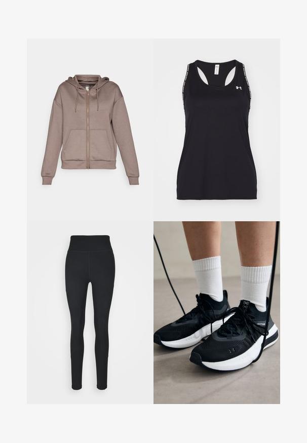 ONLY Play ONPLOUNGE LIFE HOOD - Felpa con zip - brown; Canottiera sportiva nera con scollatura a barchetta e design con fascia a racerback. Presenta logo e spalline decorate. Realizzata in materiale leggero e traspirante.; Leggings neri realizzati in tessuto elastico, con vita alta, pannelli a costine sui lati e un design aderente che si restringe alle caviglie.; Scarpe sportive nere con tessuto testurizzato, suola bianca e lacci neri. Indossate con calzini bianchi a costine, in piedi su una superficie chiara.