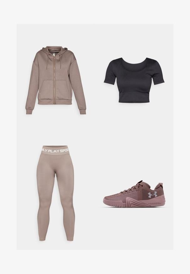 ONLY Play ONPLOUNGE LIFE HOOD - Jaka ar rāvējslēdzēju - brown; Melnas ribotas īsās piedurknes apgrieztais tops ar plašu apaļu dekoltē un pieguļošu joslu apakšā. Maiga tekstūra, ikdienišķs dizains.; Augsti vidukļa, brūni legingi, izgatavoti no elastīga materiāla ar gludu tekstūru; jostas vietā ir balta uzraksts "ONLY PLAY SPORT."; Tumši rozā sporta apavi ar teksturētu sietu augšdaļu, gumijas zoli un izteiktu saķeres rakstu; satur logotipu sānos un mīkstu apkakli.