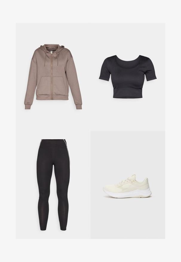 ONLY Play ONPLOUNGE LIFE HOOD - Sudadera con cremallera - brown; Top corto negro de canalé con mangas cortas, cuello redondo amplio y una banda ajustada en la parte inferior. Textura suave, diseño informal.; Leggings negros hechos de material elástico con una cintura alta. Presentan franjas laterales blancas y una textura suave en toda su superficie.; Zapatillas deportivas de color claro, hechas de malla y materiales sintéticos, con una parte superior texturizada, suela acolchada y un branding sutil.