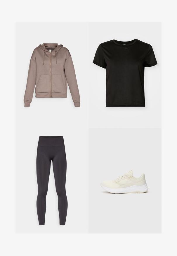 ONLY Play ONPLOUNGE LIFE HOOD - Zip-up sweatshirt - brown; Black short-sleeve t-shirt made of smooth fabric, featuring a round neckline and a relaxed fit. Includes minimal design details.; ONLY Play ONPSCULP SEAM - Leggings - black; Light-colored athletic shoes made of mesh and synthetic materials, featuring a textured upper, cushioned sole, and subtle branding.