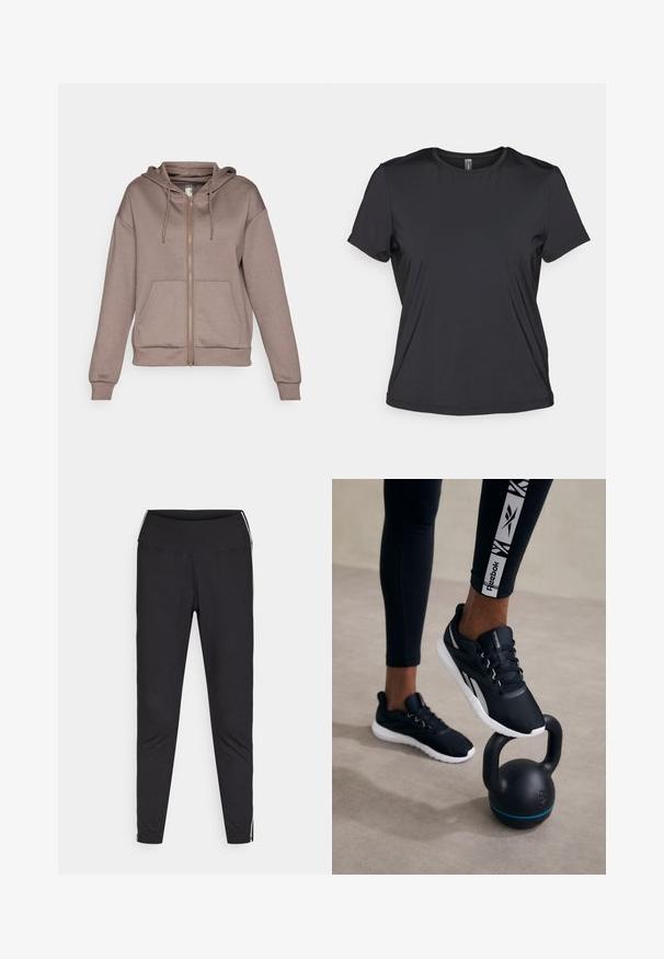 ONLY Play ONPLOUNGE LIFE HOOD - Mikina so zipsom - brown; Čierne krátke tričko s krátkym rukávom vyrobené z hladkej, ľahkej tkaniny s okrúhlym výstrihom a voľným strihom. Bezšvová konštrukcia pre pohodlie.; Čierne legíny vyrobené zo strečového materiálu. Vysoký pás, zúžený strih, obsahujú biele bočné prúžky podél vonkajších švov. Hladká textúra.; Čierne športové topánky s textúrovaným povrchom, bielou podrážkou a šedými akcentmi, umiestnené na čiernej kettlebell s modrým pruhom, na neutrálnom pozadí.