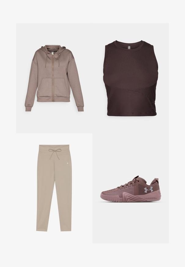 ONLY Play ONPLOUNGE LIFE HOOD - Tröja med dragkedja - brown; Mörkbrun ribbad crop top med breda axelremmar, rund halsringning och sömlös design. Har en figurnära silhuett och elastiskt tyg för komfort.; Beige träningsbyxor med dragsko i midjan, slim fit och platta sömmar. Tillverkade av ett lätt, smidigt material. Inga fickor förekommer.; Mörkrosa träningssneakers med texturerad mesh-ovandel, gummisula och utpräglat greppmönster; har logotyp på sidan och vadderad krage.