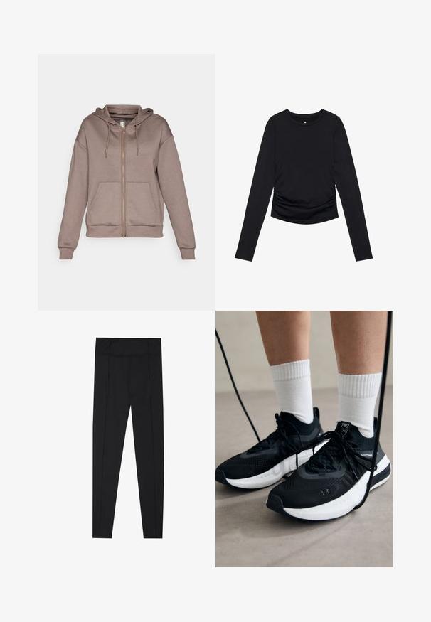 ONLY Play ONPLOUNGE LIFE HOOD - Camisola com fecho - brown; Top preto de manga longa com decote redondo e detalhes franzidos nas laterais, exibido contra um fundo branco puro.; Leggings pretos com uma textura suave, cintura alta e detalhes de costura ao longo dos lados. Design ajustado, adequado para várias atividades.; Sapatilhas desportivas pretas com tecido texturizado, sola branca e atacadores pretos. Usadas com meias brancas caneladas, a pé sobre uma superfície clara.