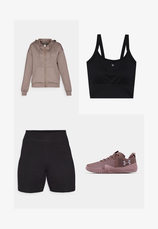 ONLY Play ONPLOUNGE LIFE HOOD - Cipzáras pulóver - brown; Fekete sportmelltartó állítható pántokkal, széles aljpánttal, sima anyagból készült, és a középen szürkével nyomtatott kis logóval.; Fekete kerékpáros nadrág magas derékkal, rugalmas, puha anyagból. Laposeműs seamekkel és sima textúrával a kényelem érdekében.; Sötét rózsaszín sportcipők, texturált hálós felsőrész, gumitalp és hangsúlyos tapadási minta; oldalon logóval és párnázott bokarésszel rendelkezik.
