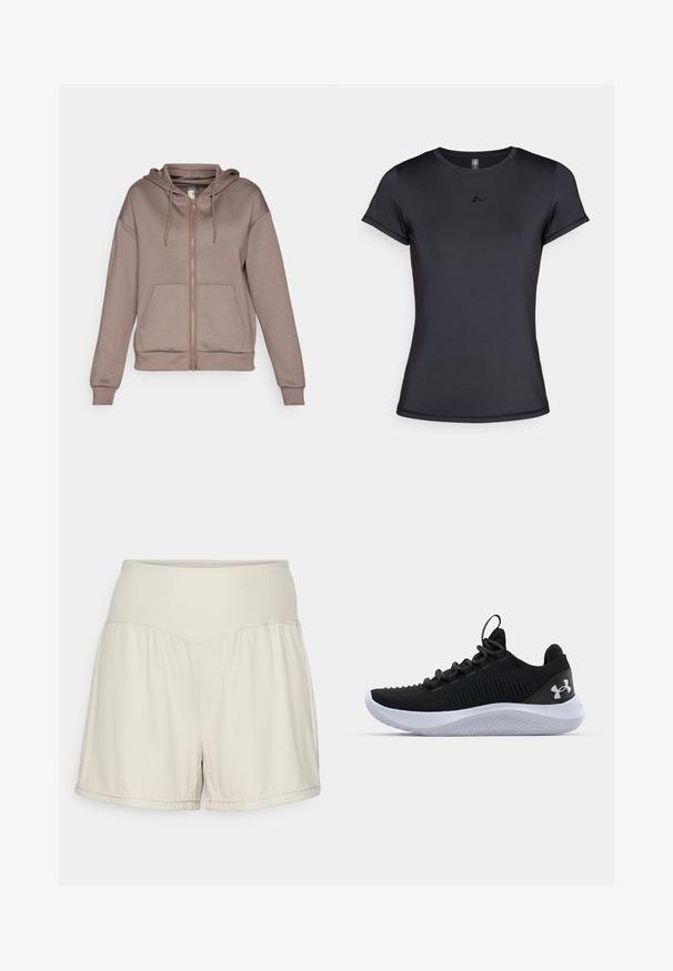 ONLY Play ONPLOUNGE LIFE HOOD - Užtrauktuku užsegamas treningas - brown; Juodas trumpomis rankovėmis marškinėliai, pagaminti iš lygaus, kvėpuojančio audinio, su minimalistiniu logotipu priekyje. Klasikinis apvalus kaklo iškirpimas.; Šviesiai bežiniai šortai su tekstūruota raištelių juosta, plazdančiu dizainu ir kasdiene pritaikymu. Ypatybes: siūti apvadu ir šoninės plyšys, leidžiančios judėti laisvai.; Juodi sportiniai batai su kvėpuojančia tinkline viršutine dalimi, tekstūruotais akcentais ir balto gumos padu. Yra lygios raišteliai ir užkulnio kilpa.