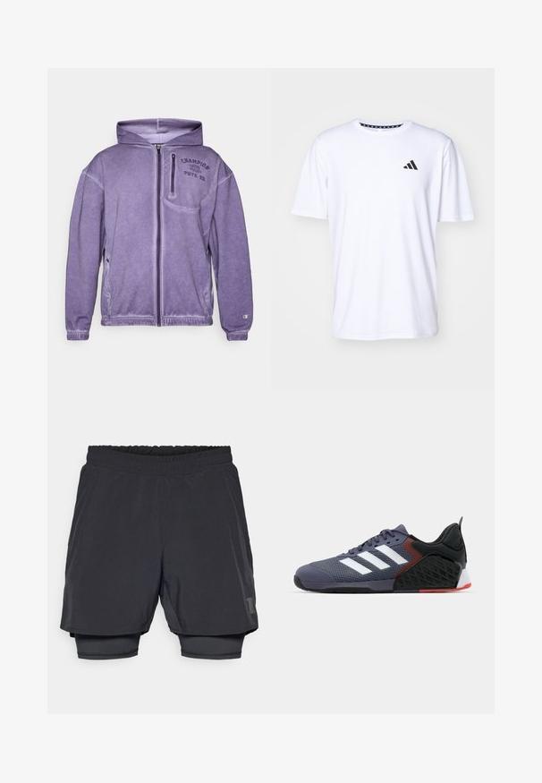 Μωβ φούτερ με φερμουάρ, φτιαγμένο από μαλακό ύφασμα, διαθέτει μπροστινή τσέπη, ριχτούς καρπούς και κεντητό λογότυπο "Champion" στο στήθος.; Λευκό κοντομάνικο μπλουζάκι από ύφασμα με λεία υφή. Διαθέτει λογότυπο adidas σε μαύρο χρώμα στο αριστερό στήθος και σχέδιο στον γιακά.; Μαύρες αθλητικές βερμούδες με ελαστική μέση, επικάλυψη σχεδίασης και εφαρμοστή εσωτερική επένδυση. Διαθέτουν ένα διακριτικό λογότυπο στην κάτω πλευρά.; Μωβ αθλητικό παπούτσι με πλέγμα στην πάνω επιφάνεια, τρεις λευκές ρίγες, μαλακή κολάρο, μαύρες και κόκκινες λεπτομέρειες, υφασμάτινη σόλα και καουτσούκ σόλα.